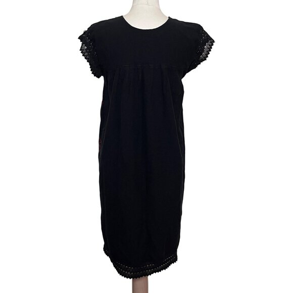 Ethnic Floral Embroidered Dress Small Black Pink Floral Crochet Boho Hippie - Picture 5 of 8